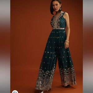 Kalki -Deep Teal Blue Jumpsuit In Georgette With Zari, Sequins Embroidered Butti